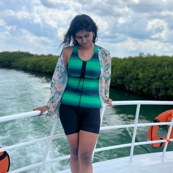 Green Black Striped Color Block Print Tankini Swimsuit with Swim Capris - Picture 6 of 6